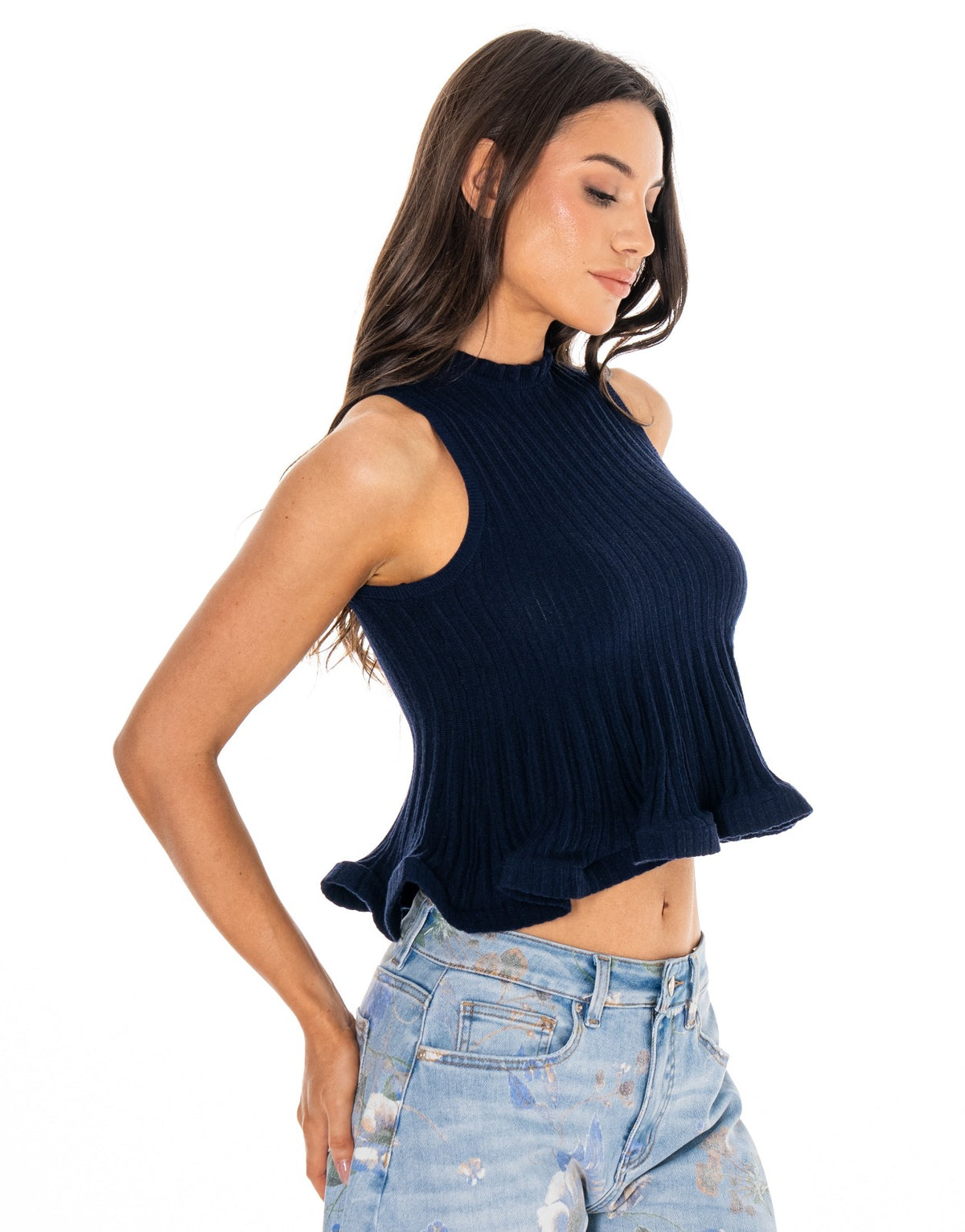 Ribbed Mock Neck Ruffle Hem Tank - Navy