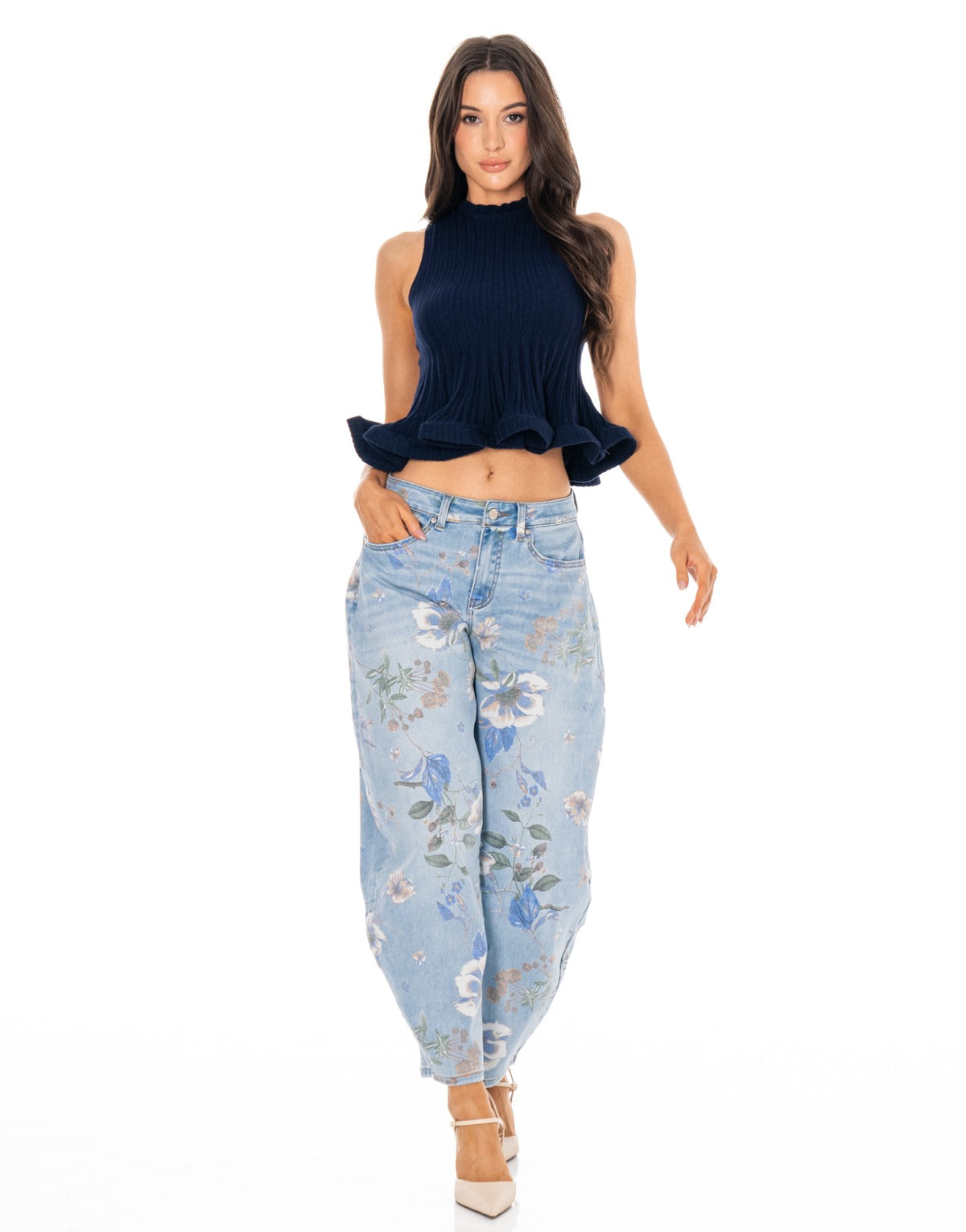 Ribbed Mock Neck Ruffle Hem Tank - Navy