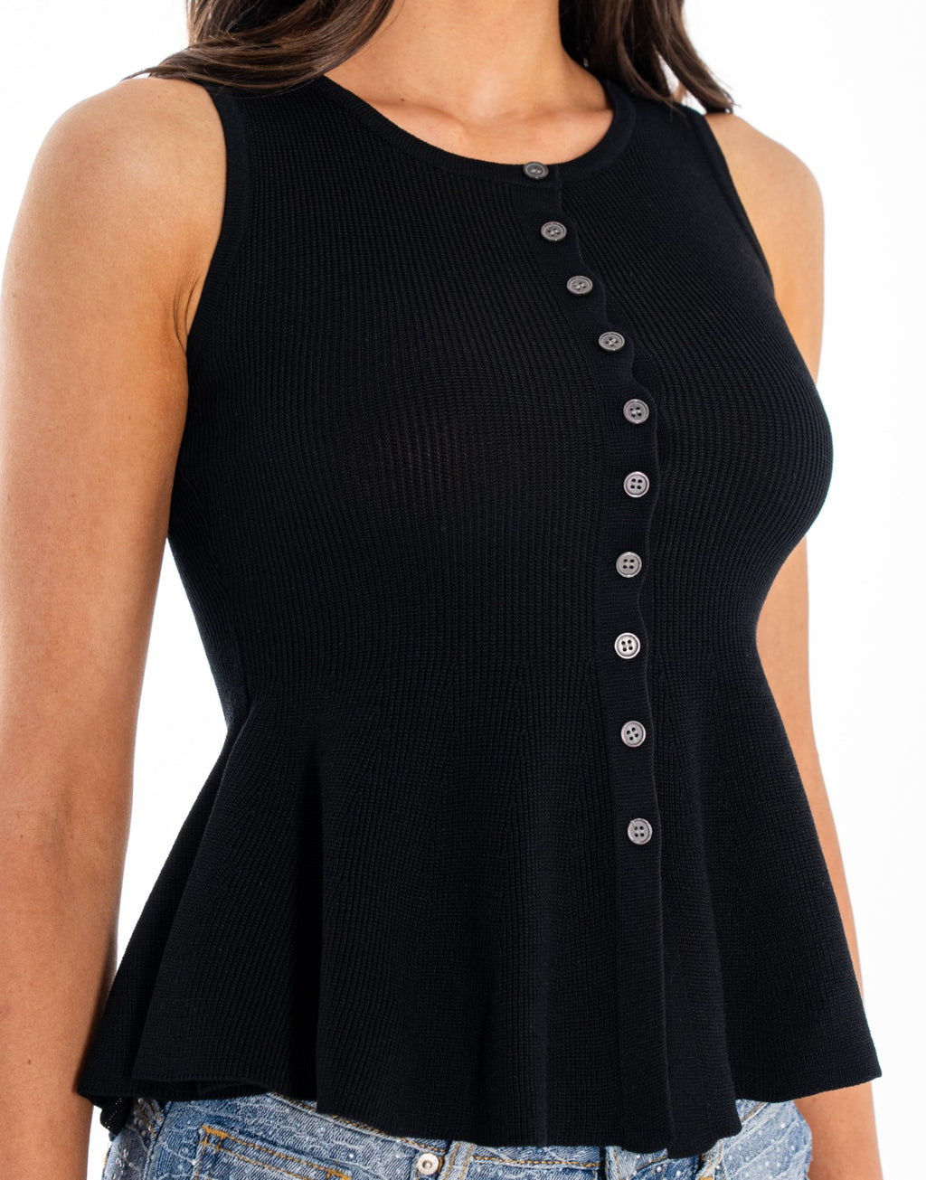 Ribbed Button Front Peplum Tank - Black