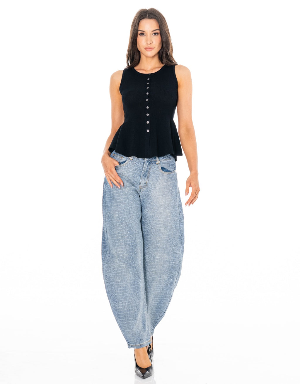 Ribbed Button Front Peplum Tank - Black