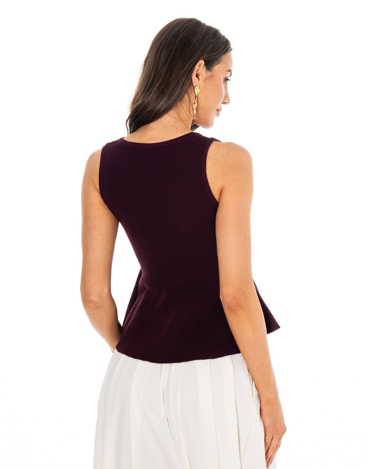 Ribbed Button Front Peplum Tank - Burgundy