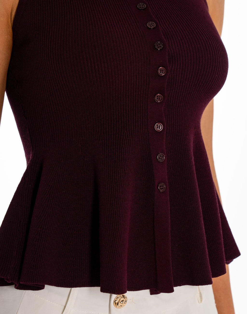 Ribbed Button Front Peplum Tank - Burgundy