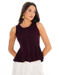 Ribbed Button Front Peplum Tank - Burgundy