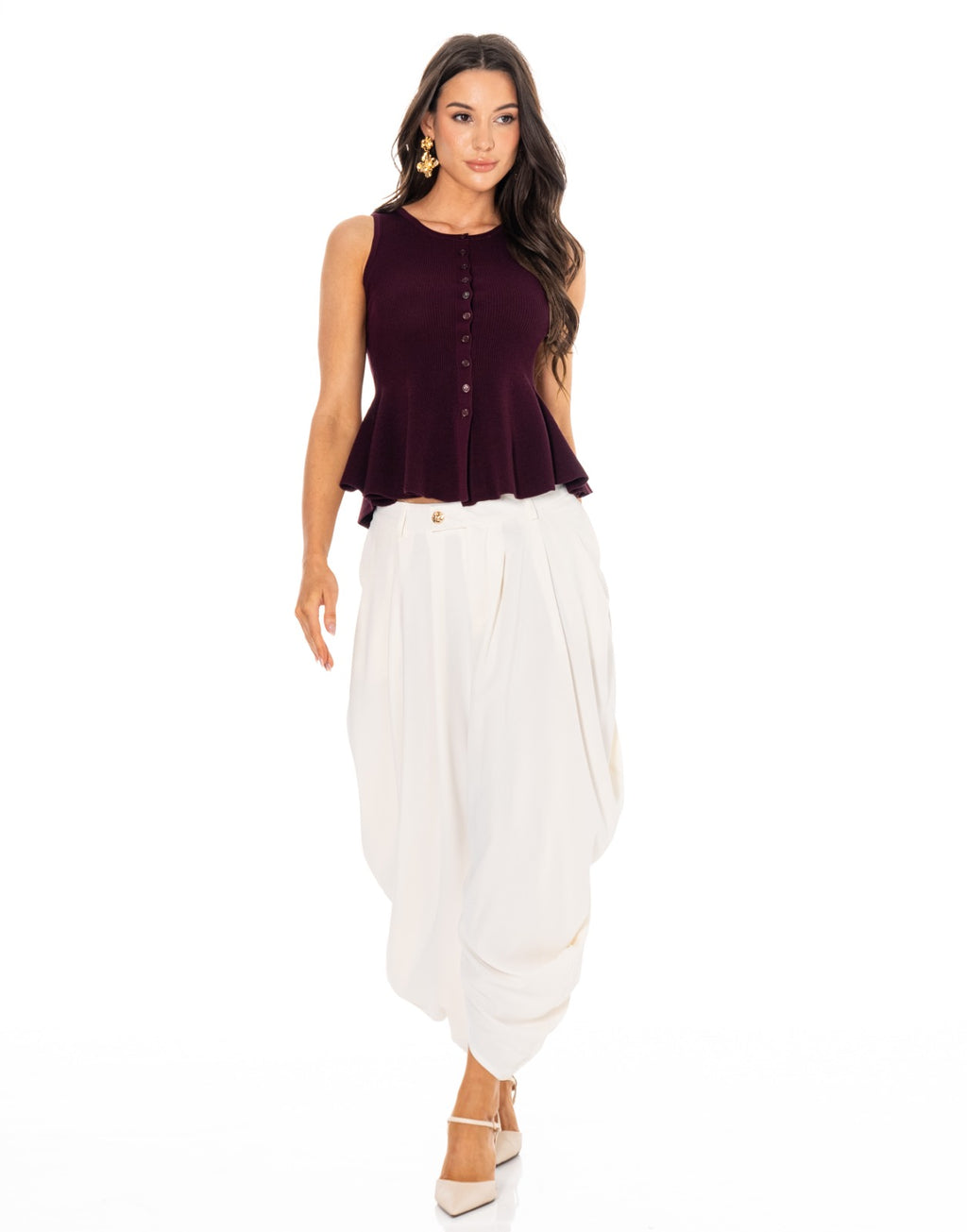 Ribbed Button Front Peplum Tank - Burgundy
