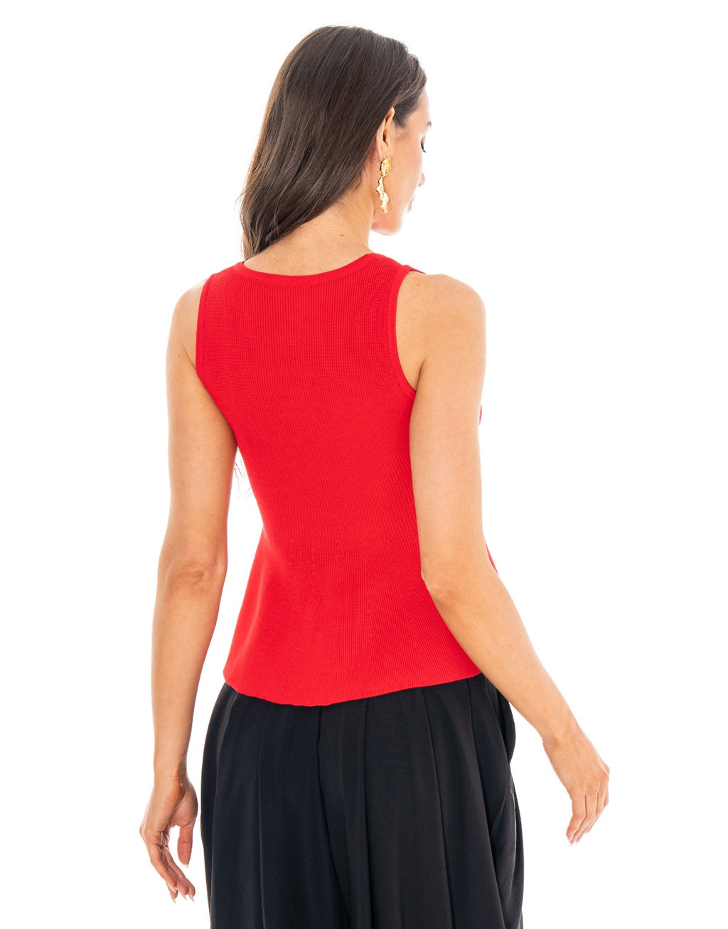 Ribbed Button Front Peplum Tank - Red