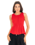 Ribbed Button Front Peplum Tank - Red