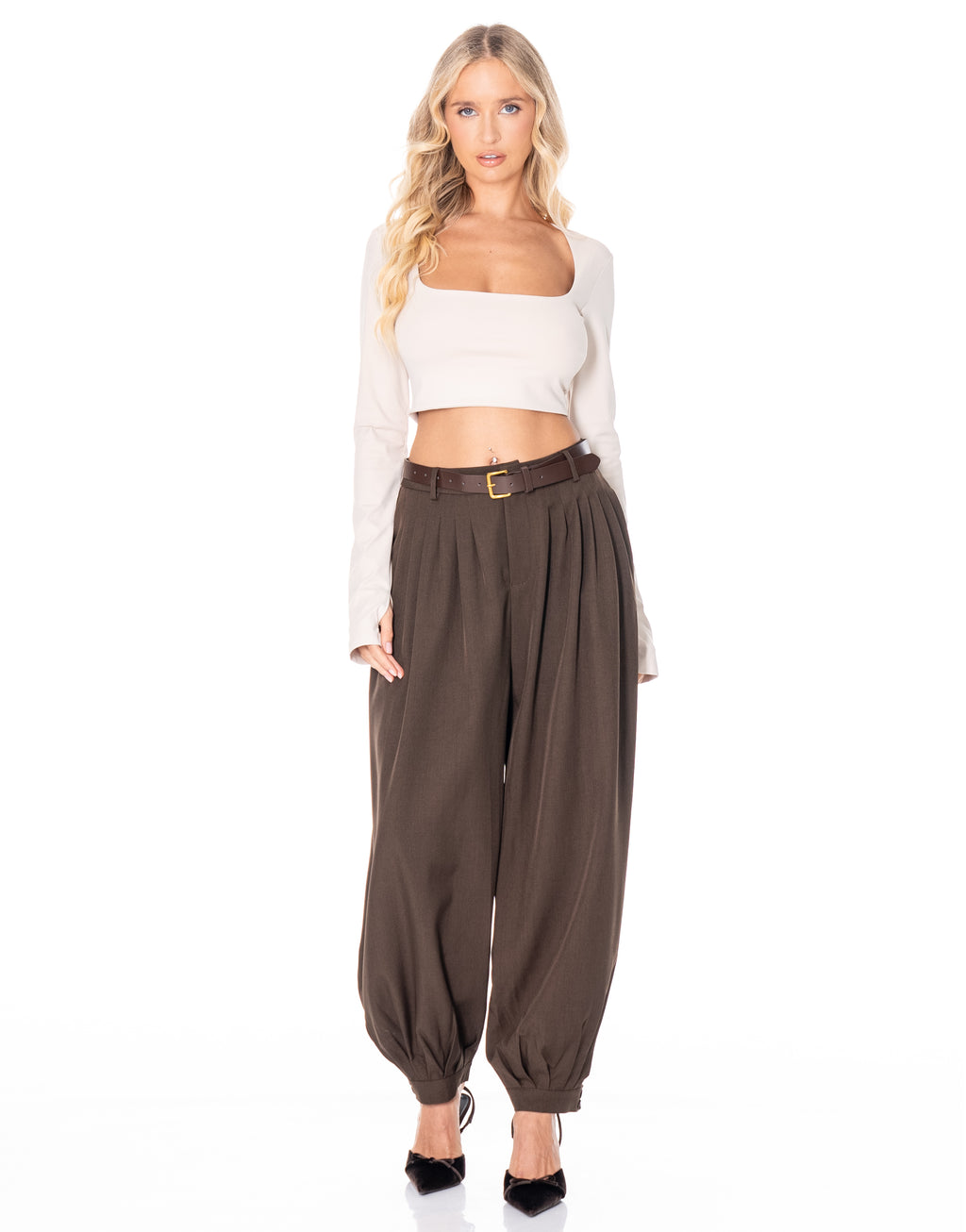 Square Neck Thumbhole Crop Top - Beige