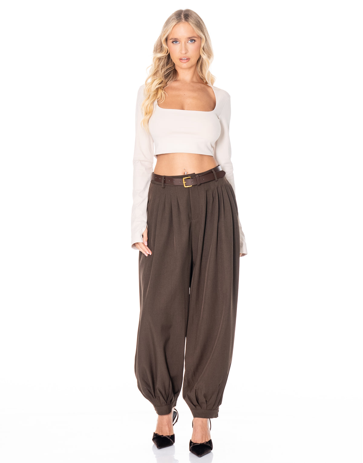 Square Neck Thumbhole Crop Top - Beige