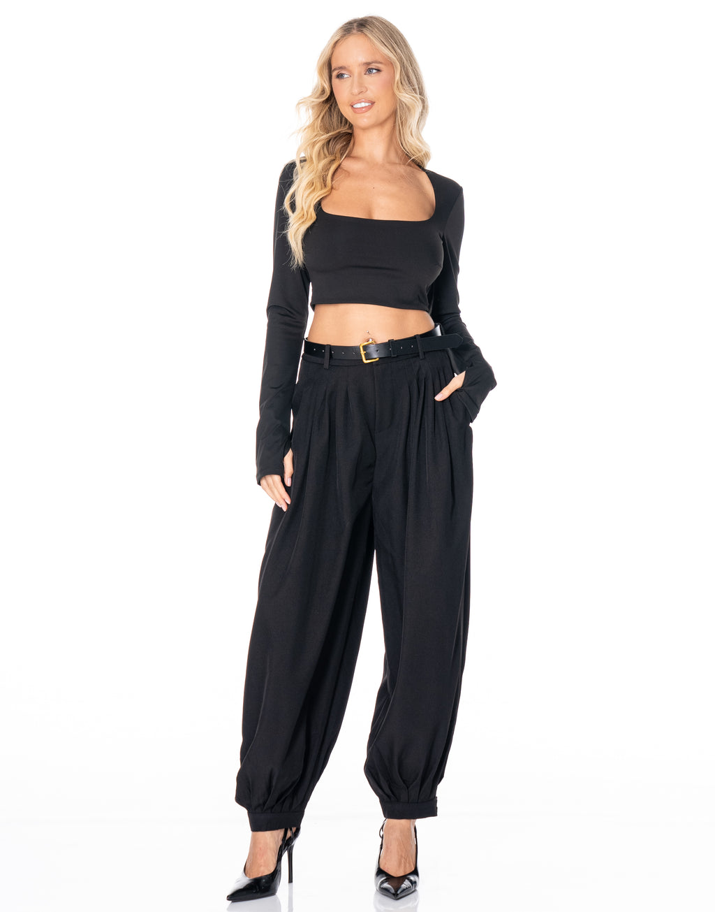 Square Neck Thumbhole Crop Top - Black