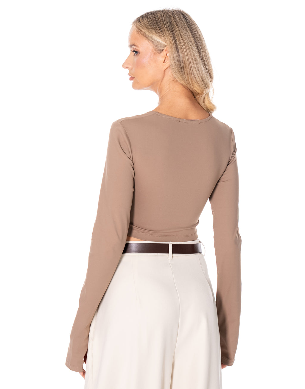 Square Neck Thumbhole Crop Top - Brown