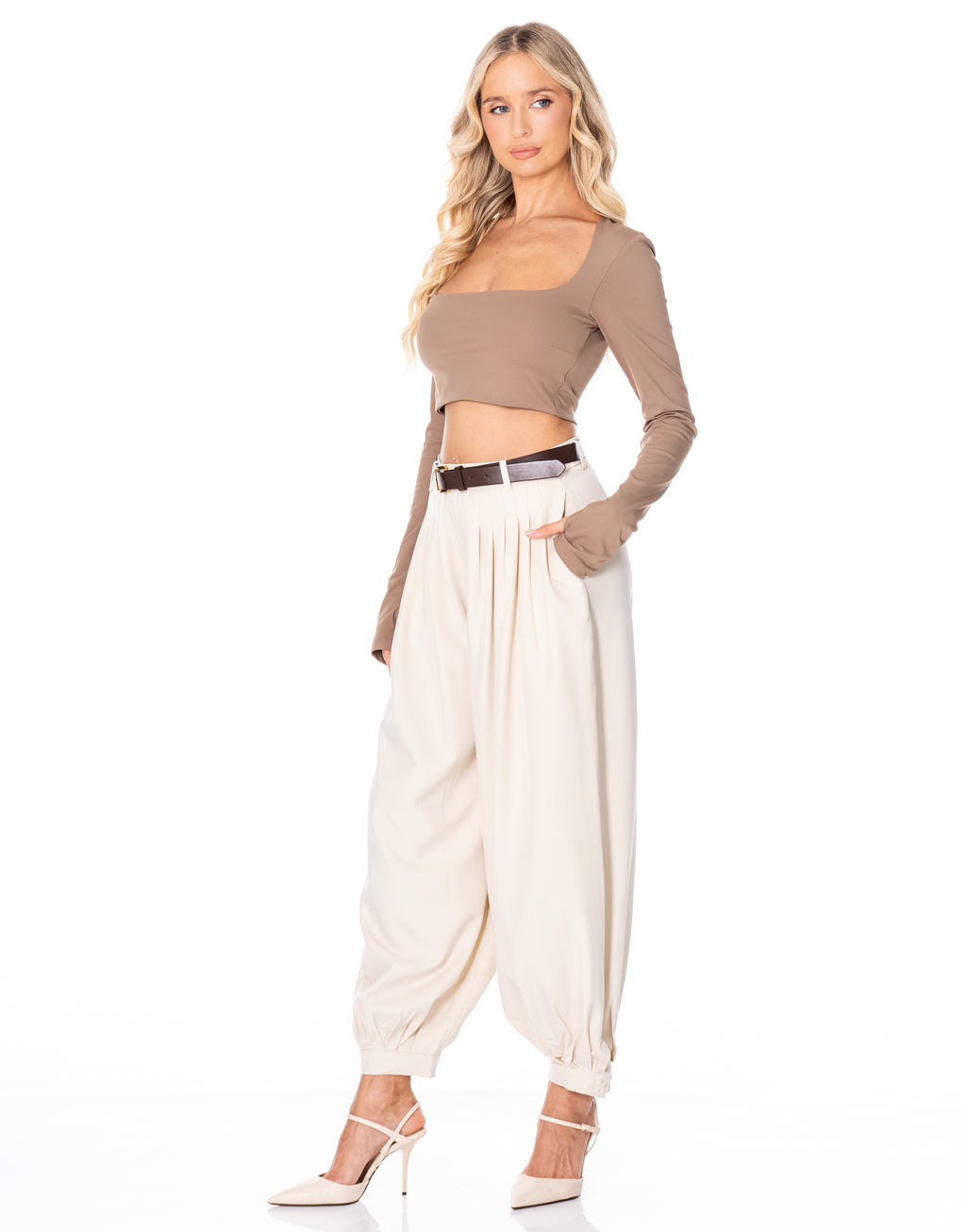 Square Neck Thumbhole Crop Top - Brown