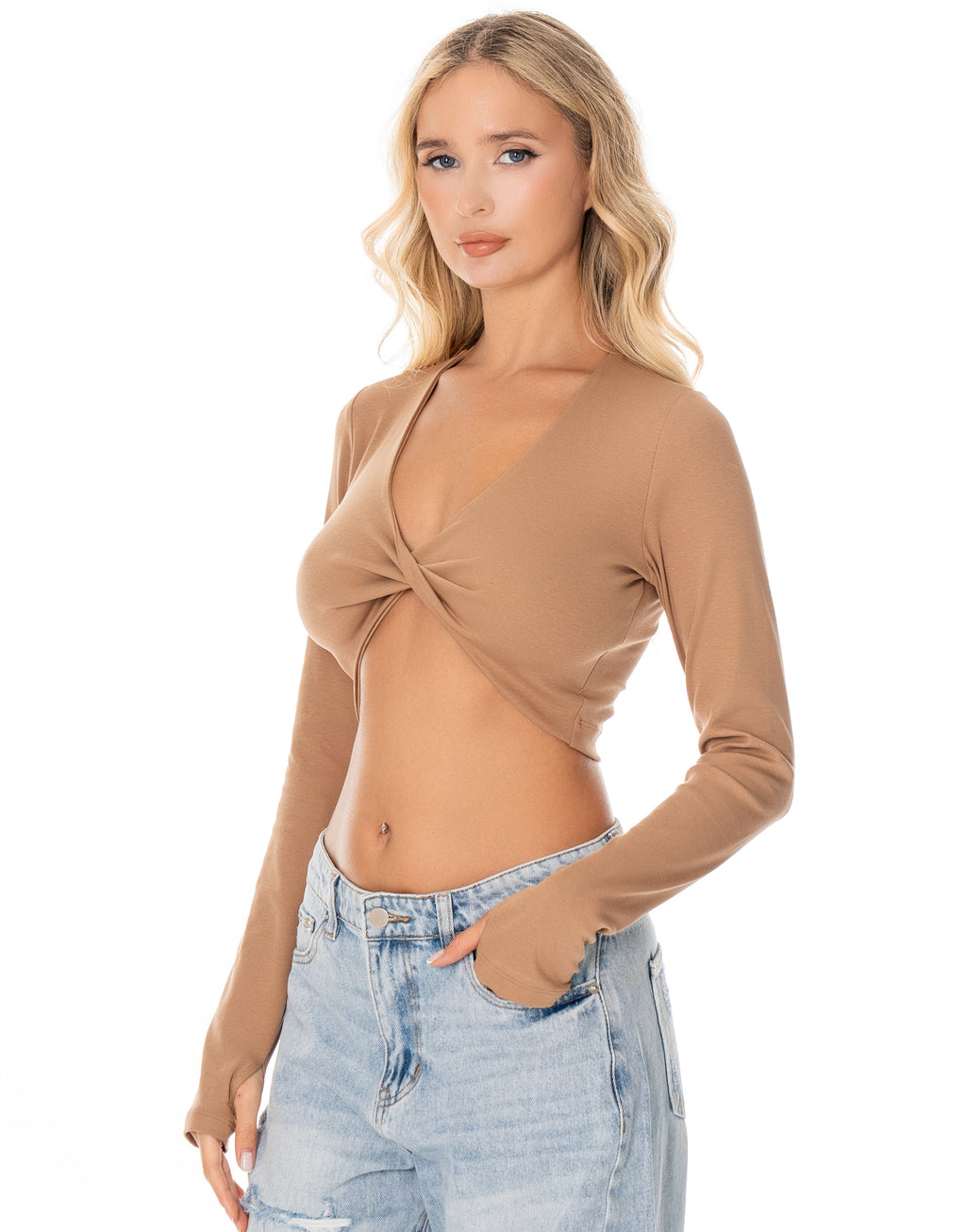 Twist Front Thumbhole Crop Top - Camel