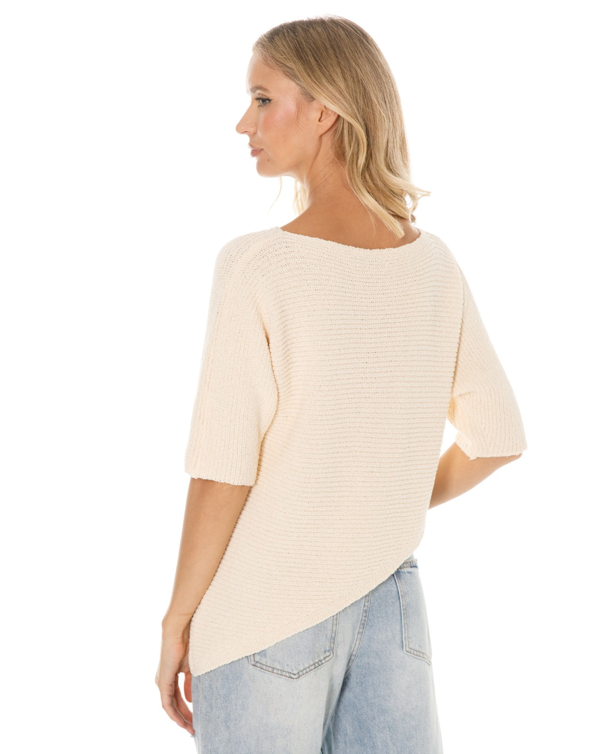 Asymmetric Hem Elbow Sleeve Knit Sweater - Beige