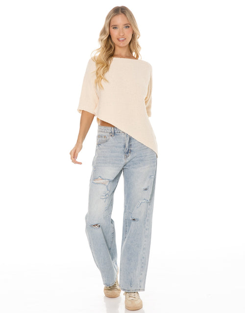 Asymmetric Hem Elbow Sleeve Knit Sweater - Beige