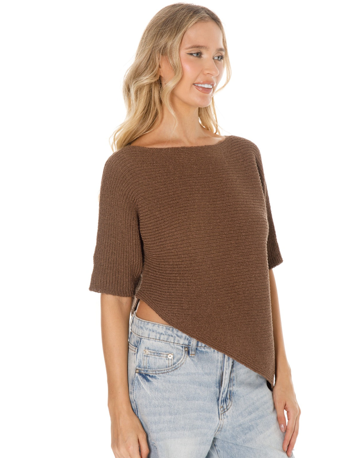 Asymmetric Hem Elbow Sleeve Knit Sweater - Brown