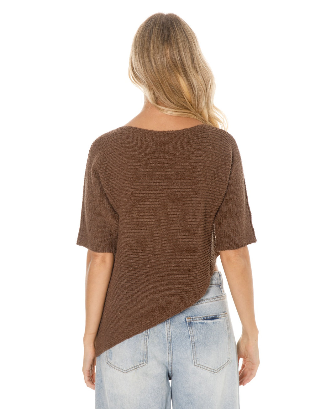 Asymmetric Hem Elbow Sleeve Knit Sweater - Brown