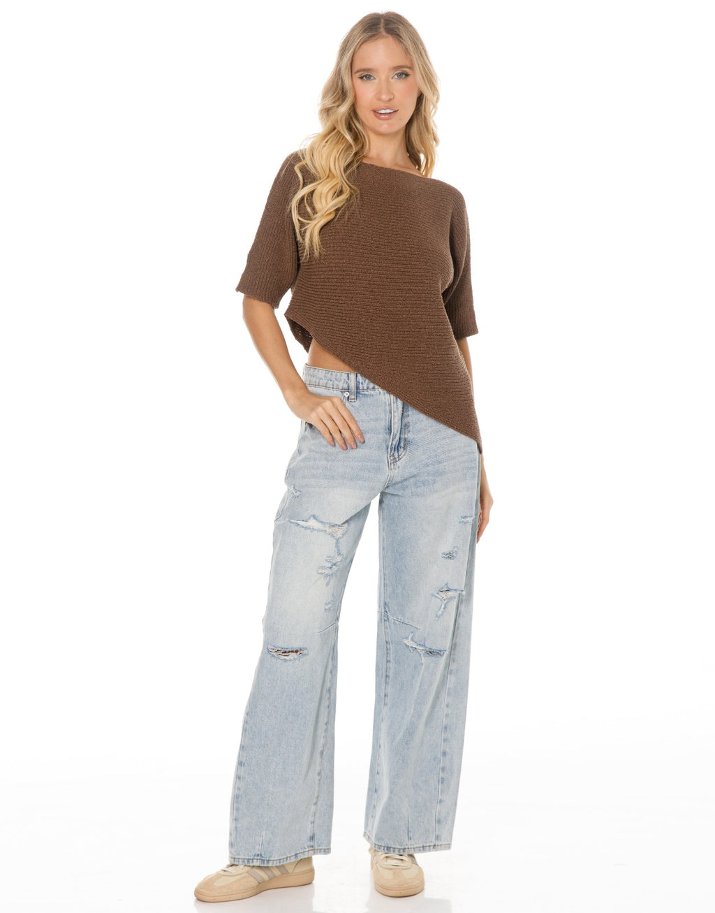 Asymmetric Hem Elbow Sleeve Knit Sweater - Brown