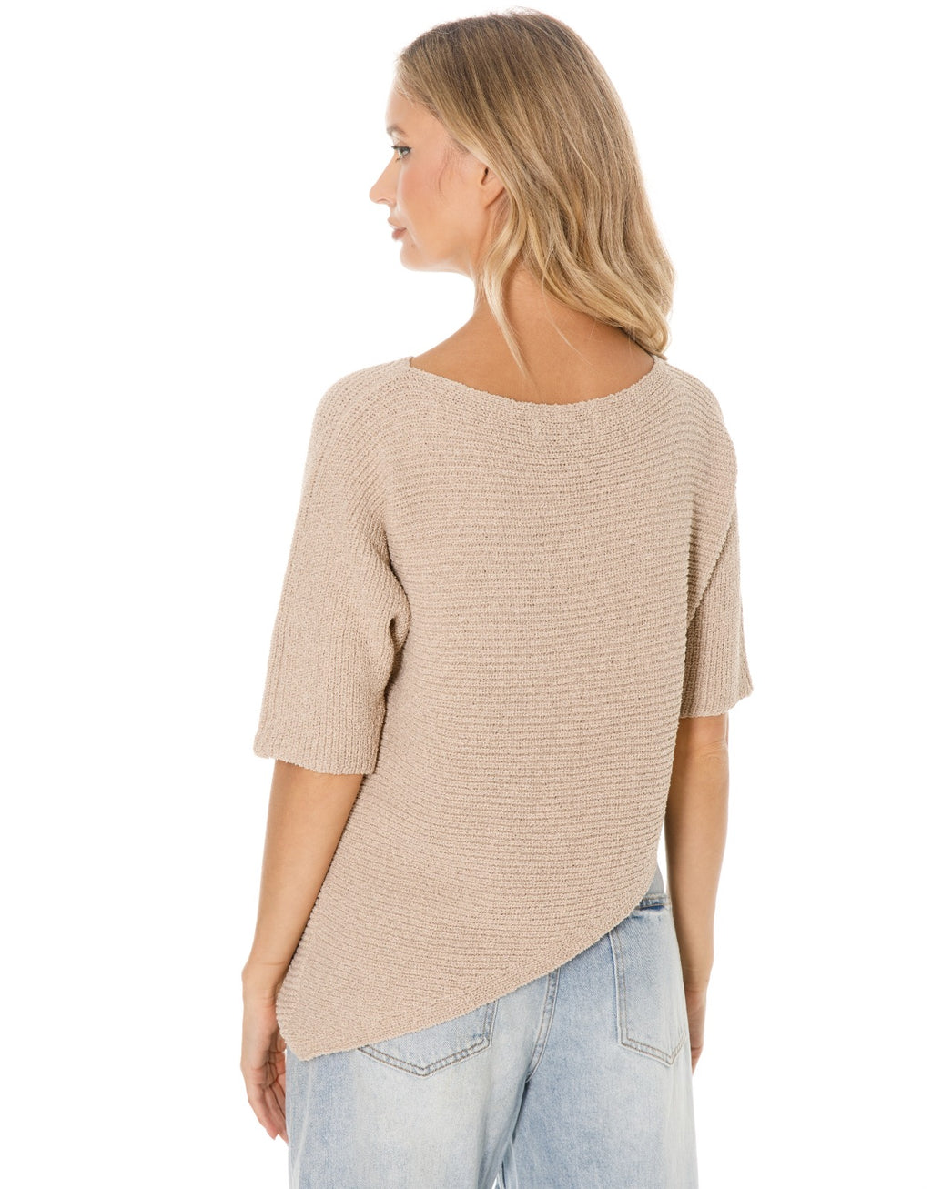 Asymmetric Hem Elbow Sleeve Knit Sweater - Stone