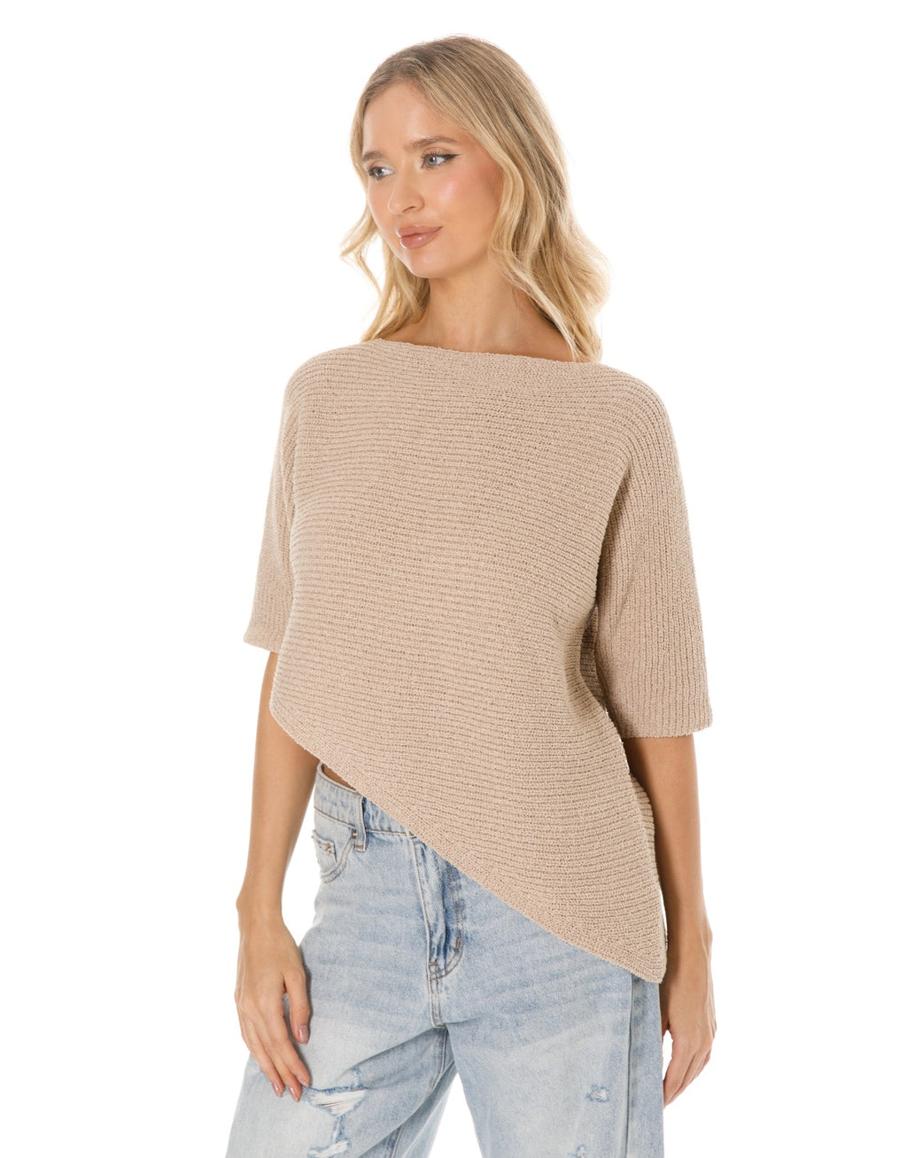 Asymmetric Hem Elbow Sleeve Knit Sweater - Stone