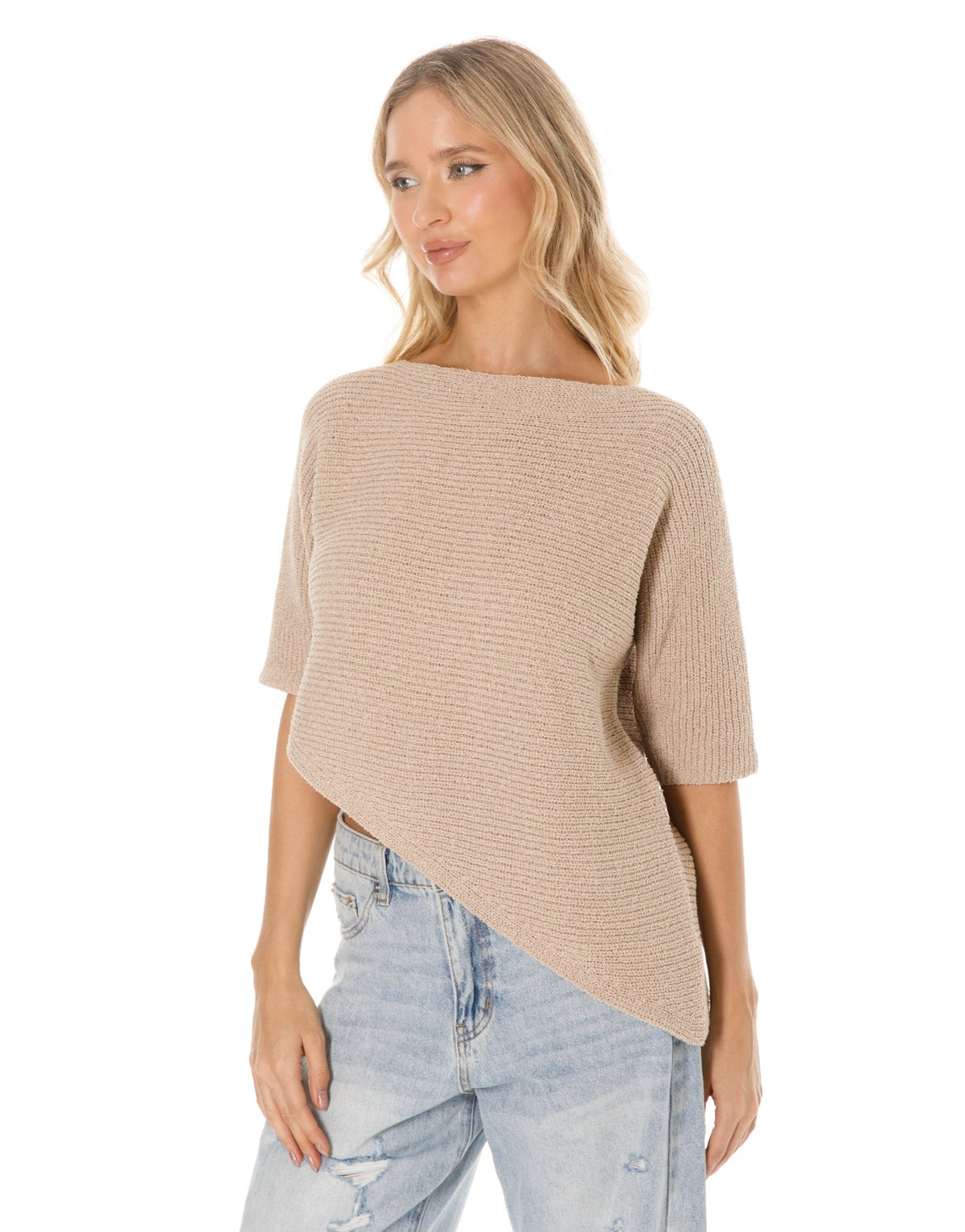 Asymmetric Hem Elbow Sleeve Knit Sweater - Stone