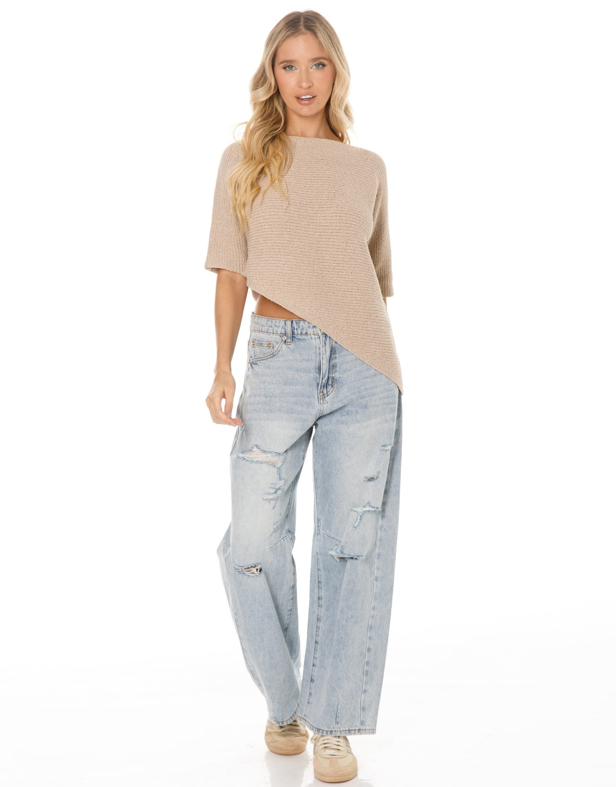 Asymmetric Hem Elbow Sleeve Knit Sweater - Stone
