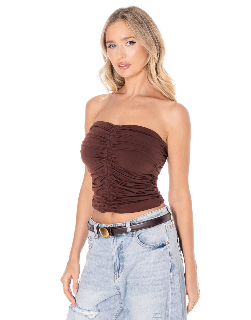 Ruched Strapless Tube Top - Brown