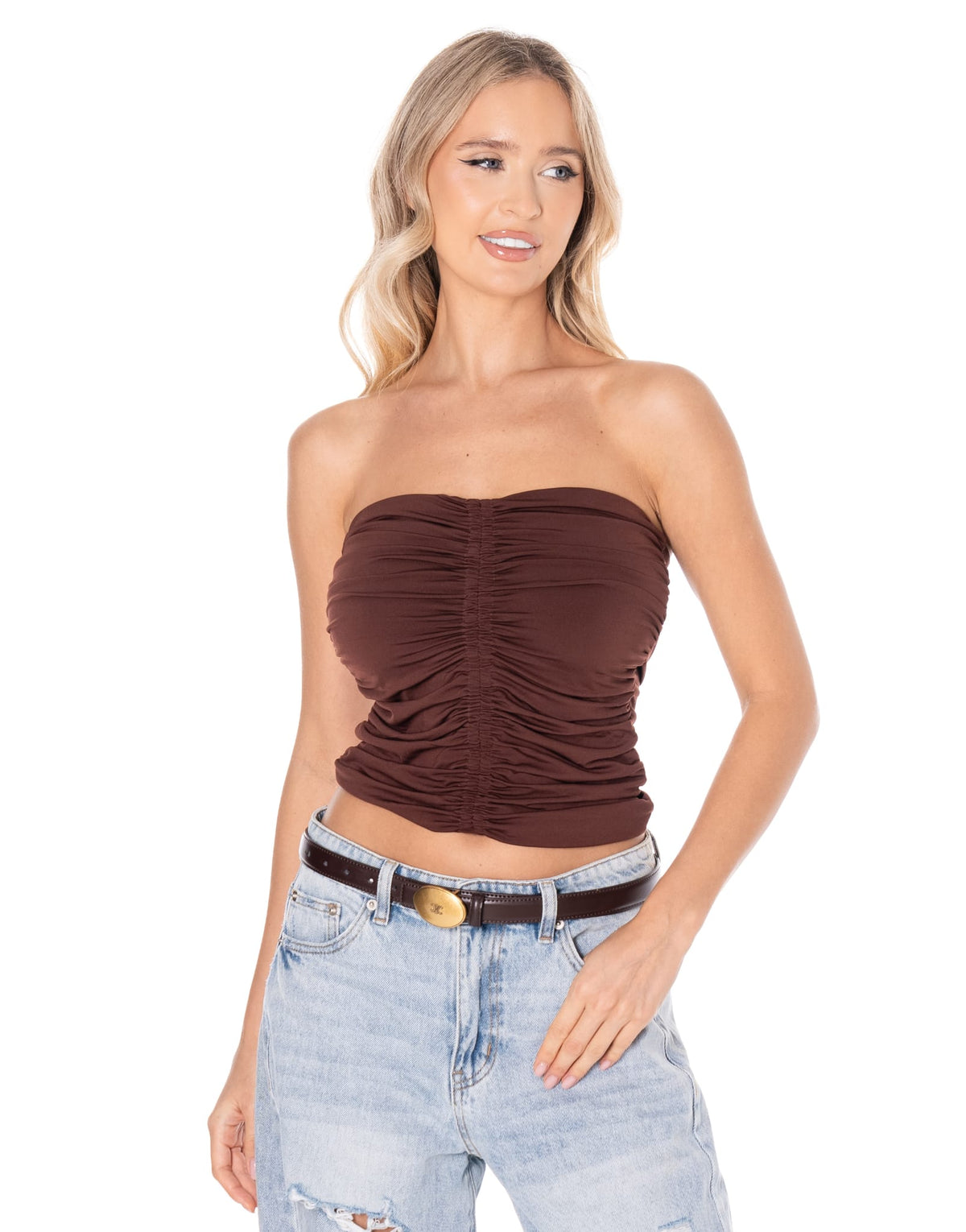 Ruched Strapless Tube Top - Brown