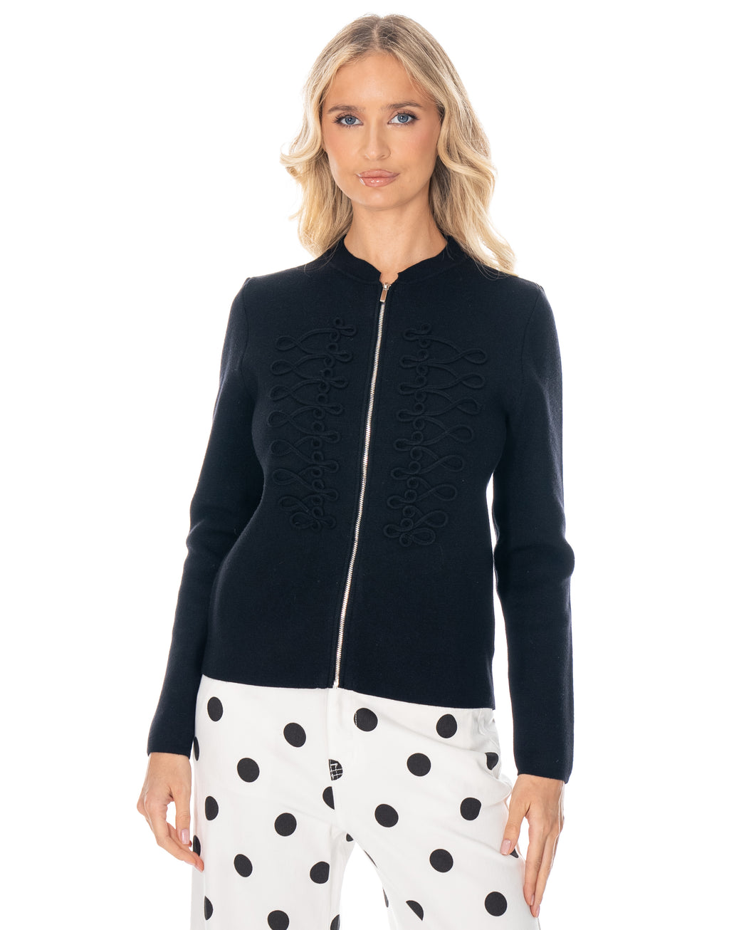 Soutache Zip Front Long Sleeve Knit Sweater - Black