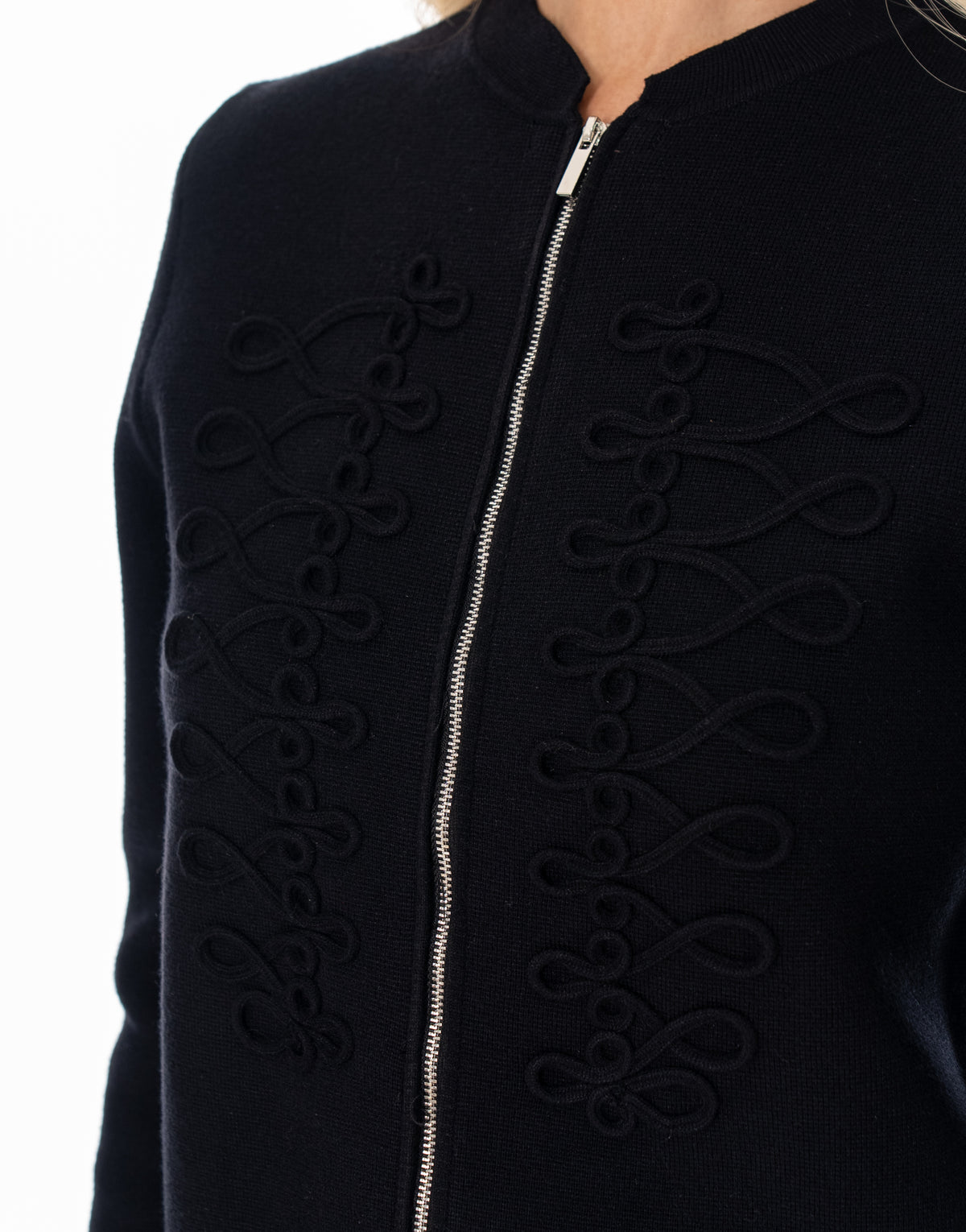 Soutache Zip Front Long Sleeve Knit Sweater - Black
