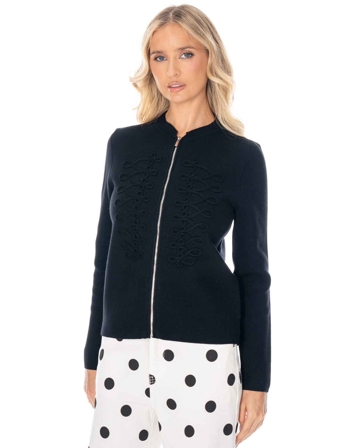 Soutache Zip Front Long Sleeve Knit Sweater - Black