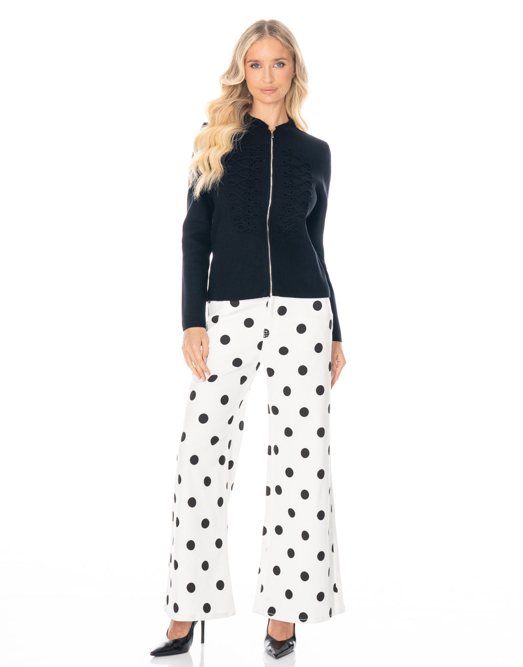 Soutache Zip Front Long Sleeve Knit Sweater - Black