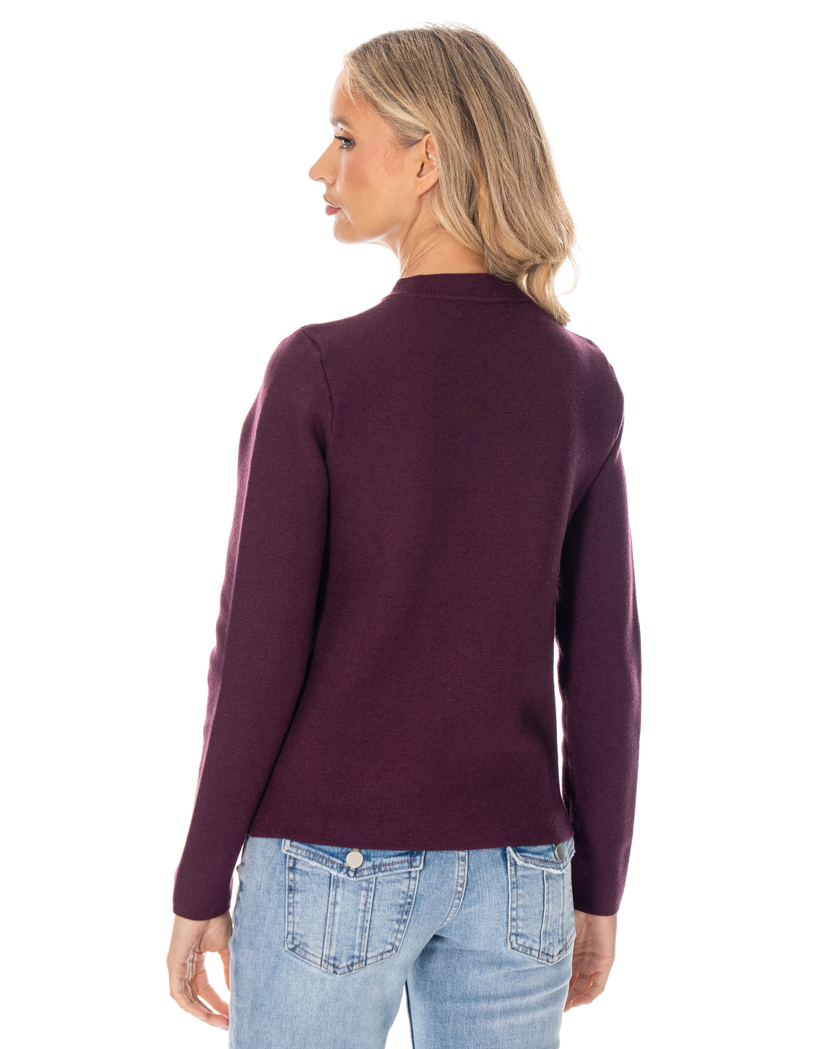 Soutache Zip Front Long Sleeve Knit Sweater - Burgundy