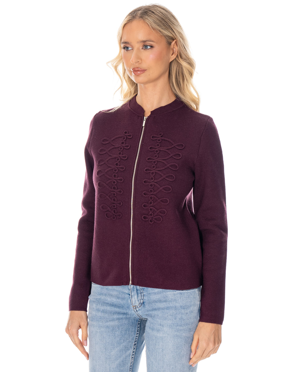 Soutache Zip Front Long Sleeve Knit Sweater - Burgundy