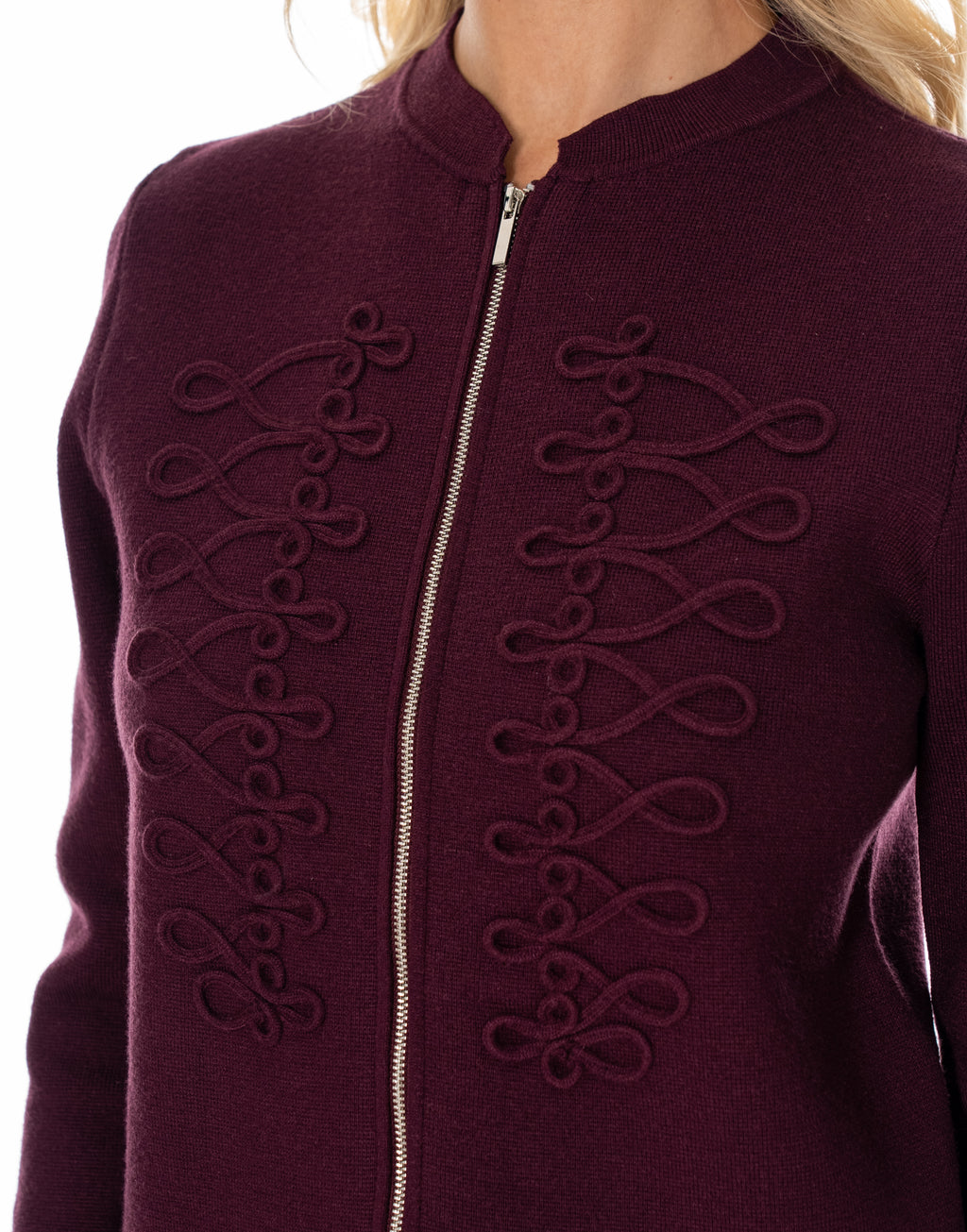 Soutache Zip Front Long Sleeve Knit Sweater - Burgundy
