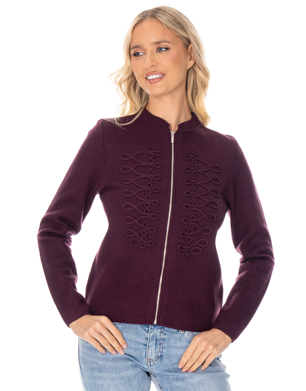Soutache Zip Front Long Sleeve Knit Sweater - Burgundy