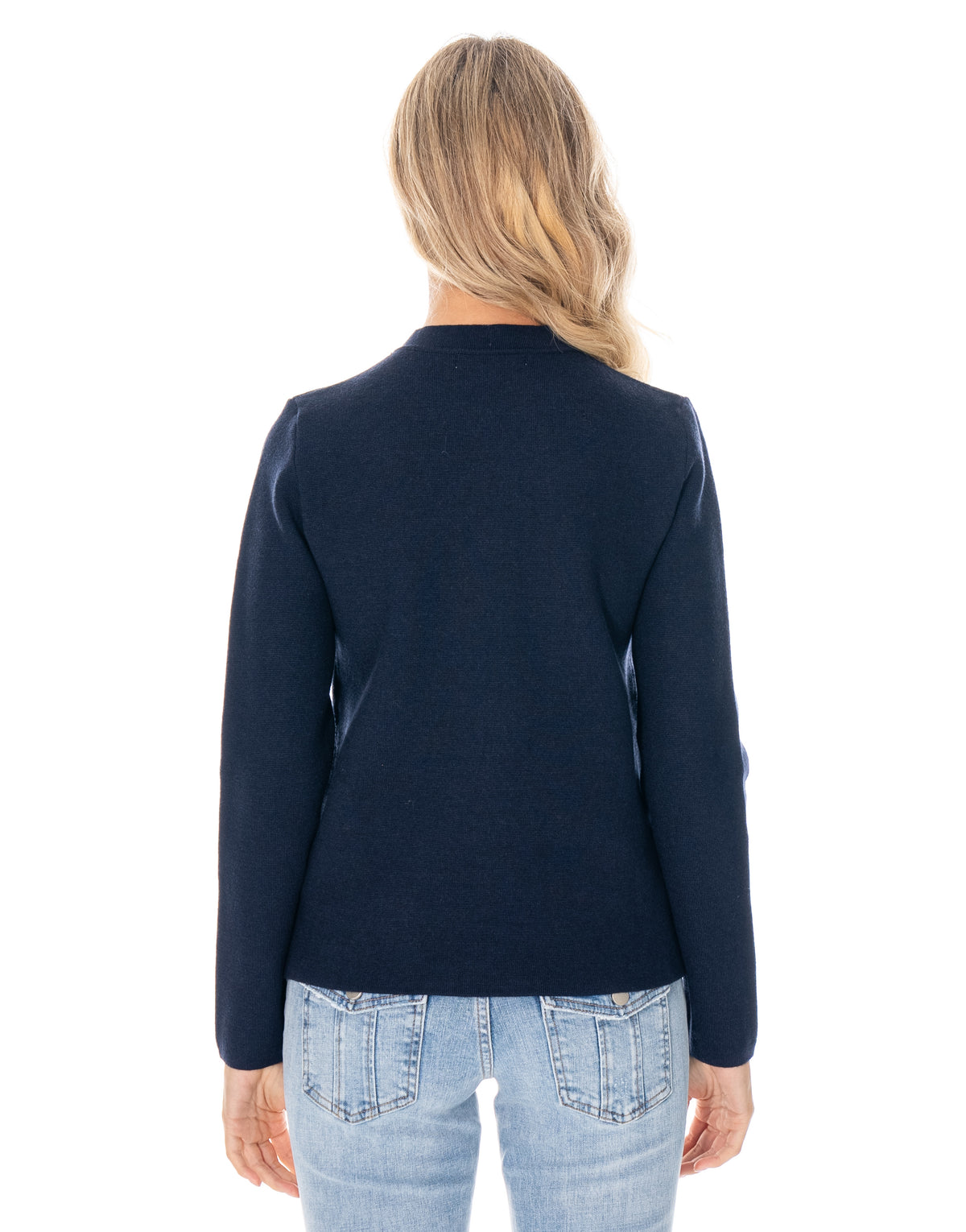 Soutache Zip Front Long Sleeve Knit Sweater - Navy
