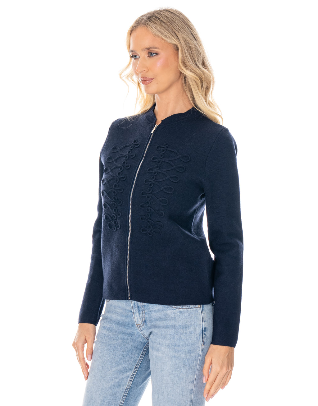 Soutache Zip Front Long Sleeve Knit Sweater - Navy