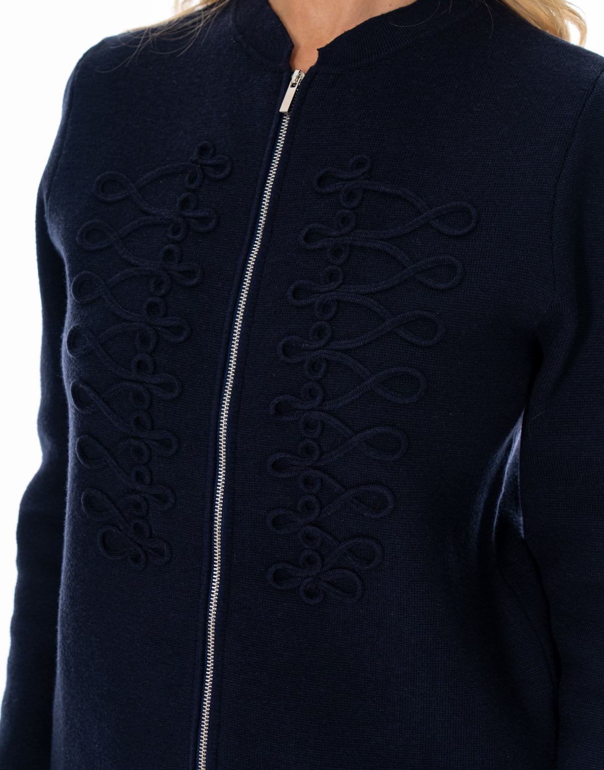 Soutache Zip Front Long Sleeve Knit Sweater - Navy