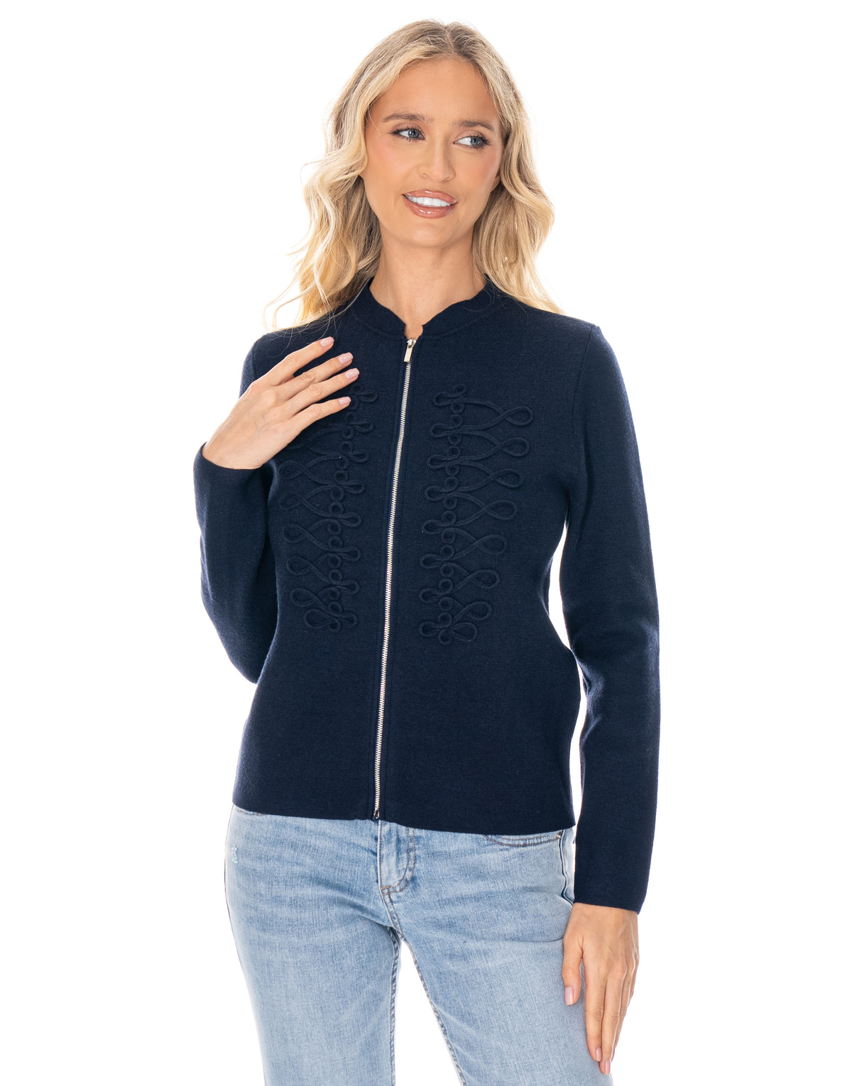 Soutache Zip Front Long Sleeve Knit Sweater - Navy