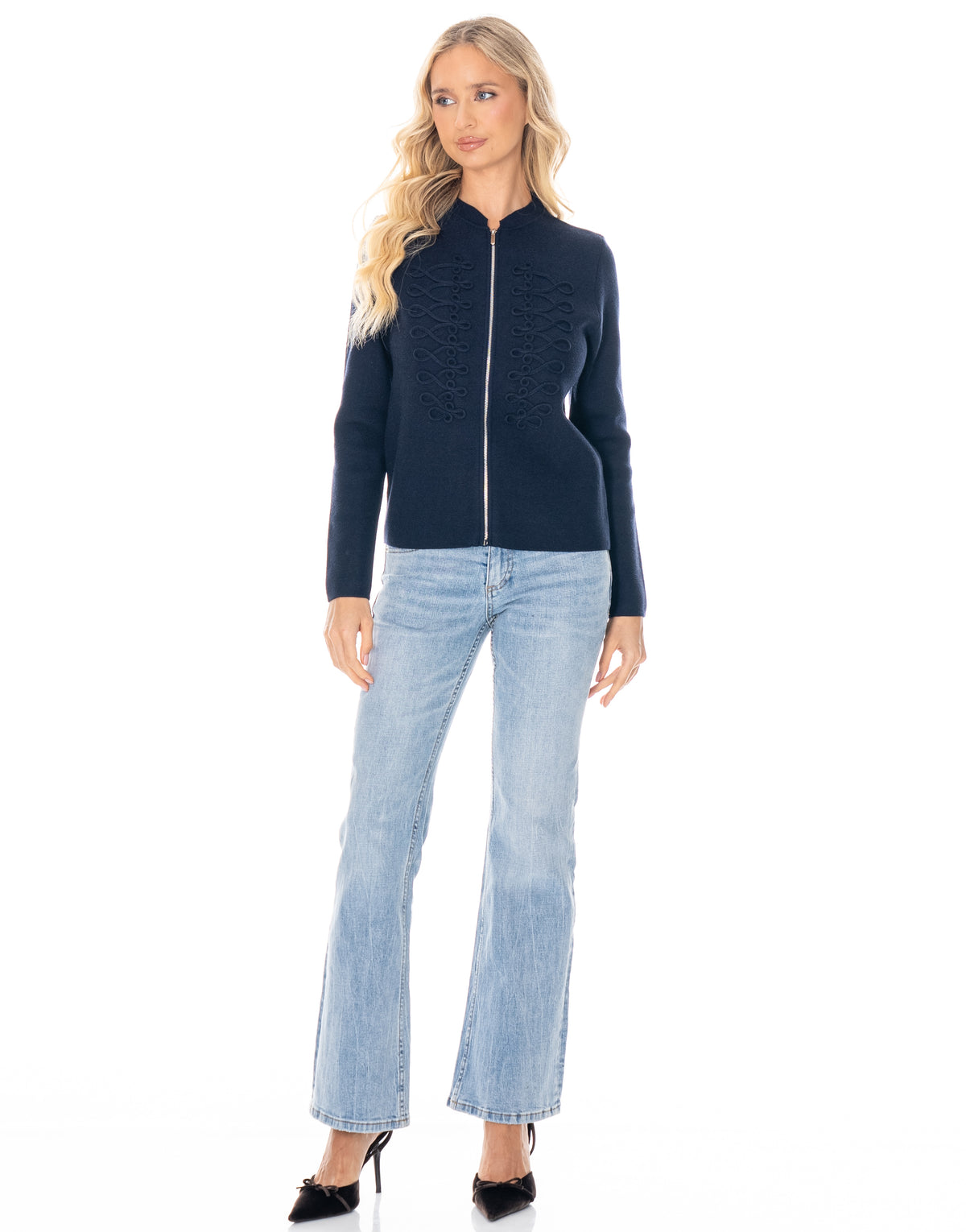 Soutache Zip Front Long Sleeve Knit Sweater - Navy