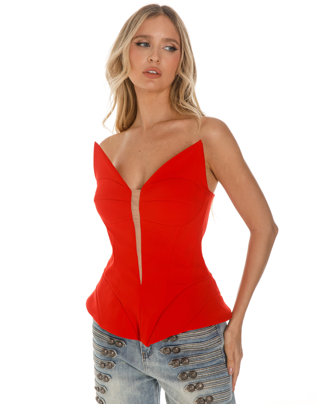 Structured Plunge Bustier Top - Red