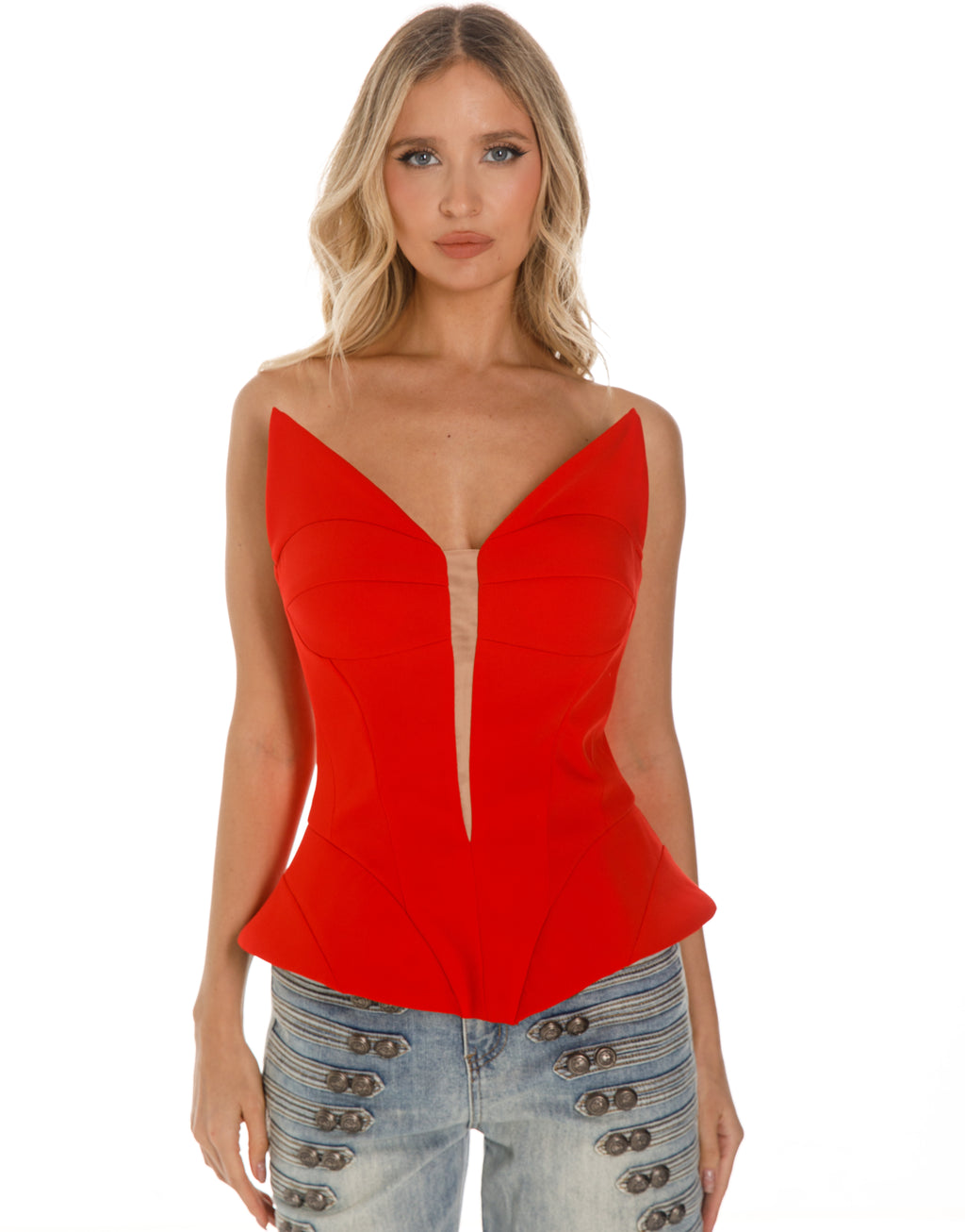 Structured Plunge Bustier Top - Red