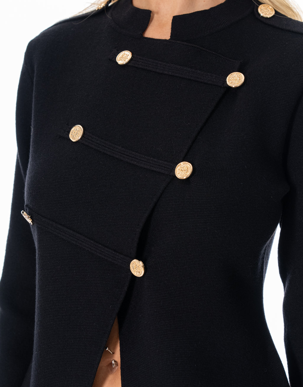 Military Button Asymmetric Long Sleeve Knit Top - Black