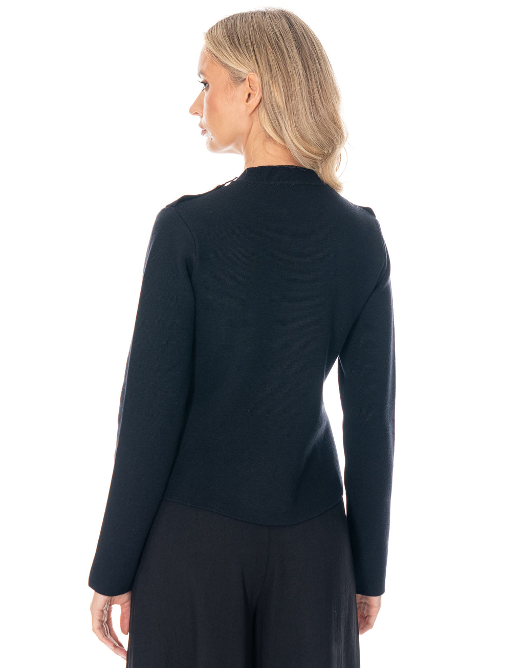 Military Button Asymmetric Long Sleeve Knit Top - Black