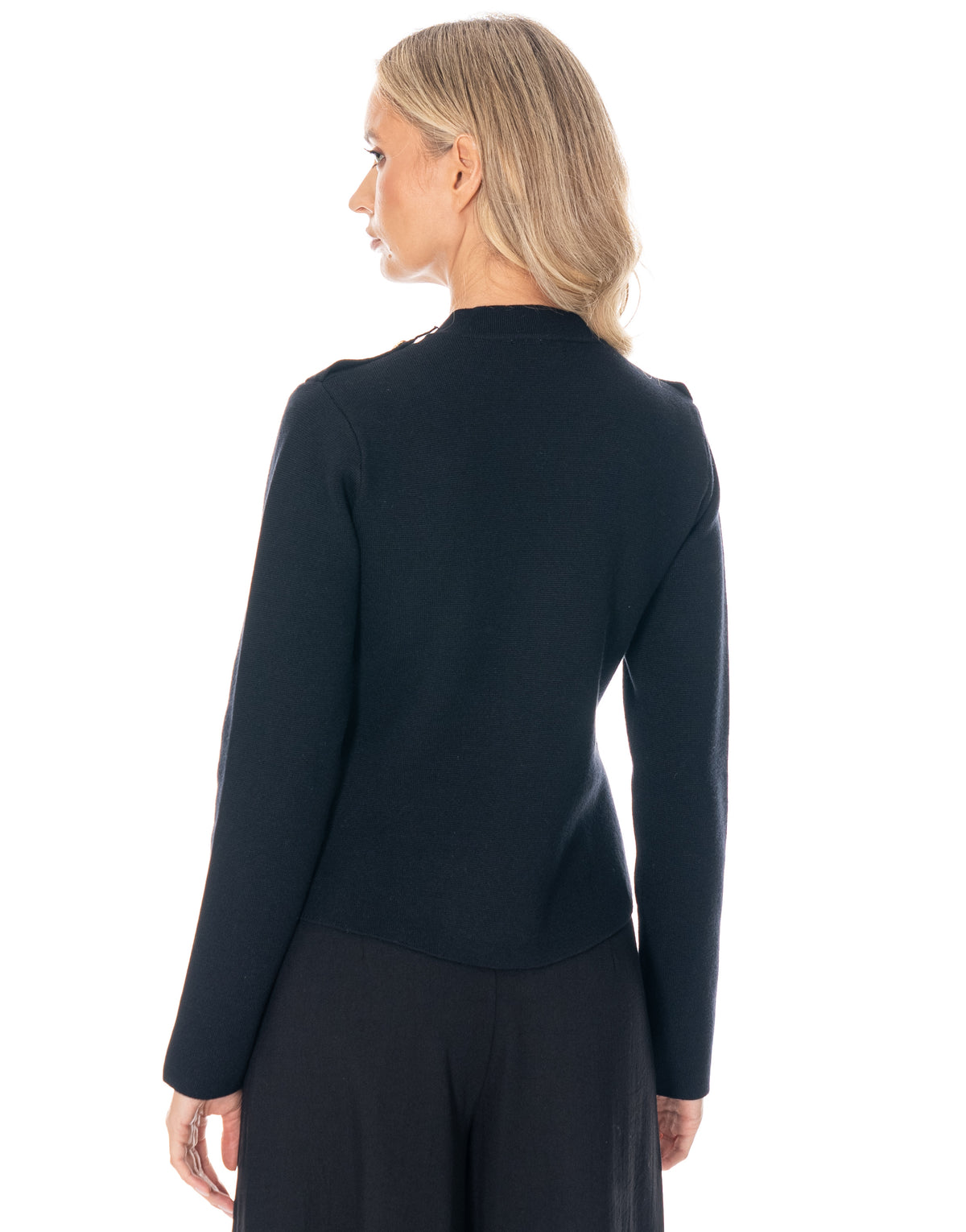 Military Button Asymmetric Long Sleeve Knit Top - Black