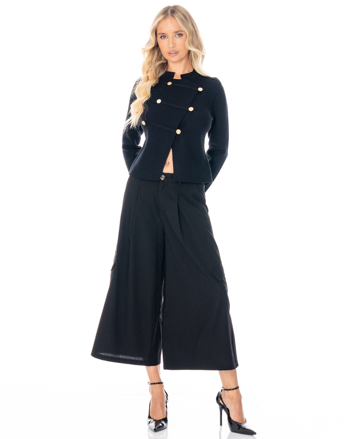 Military Button Asymmetric Long Sleeve Knit Top - Black