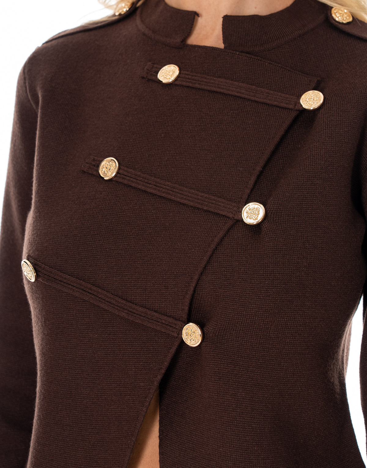 Military Button Asymmetric Long Sleeve Knit Top - Brown