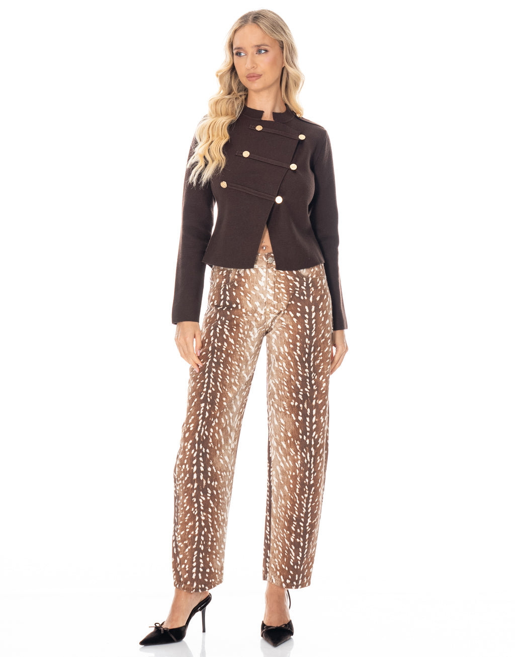 Military Button Asymmetric Long Sleeve Knit Top - Brown