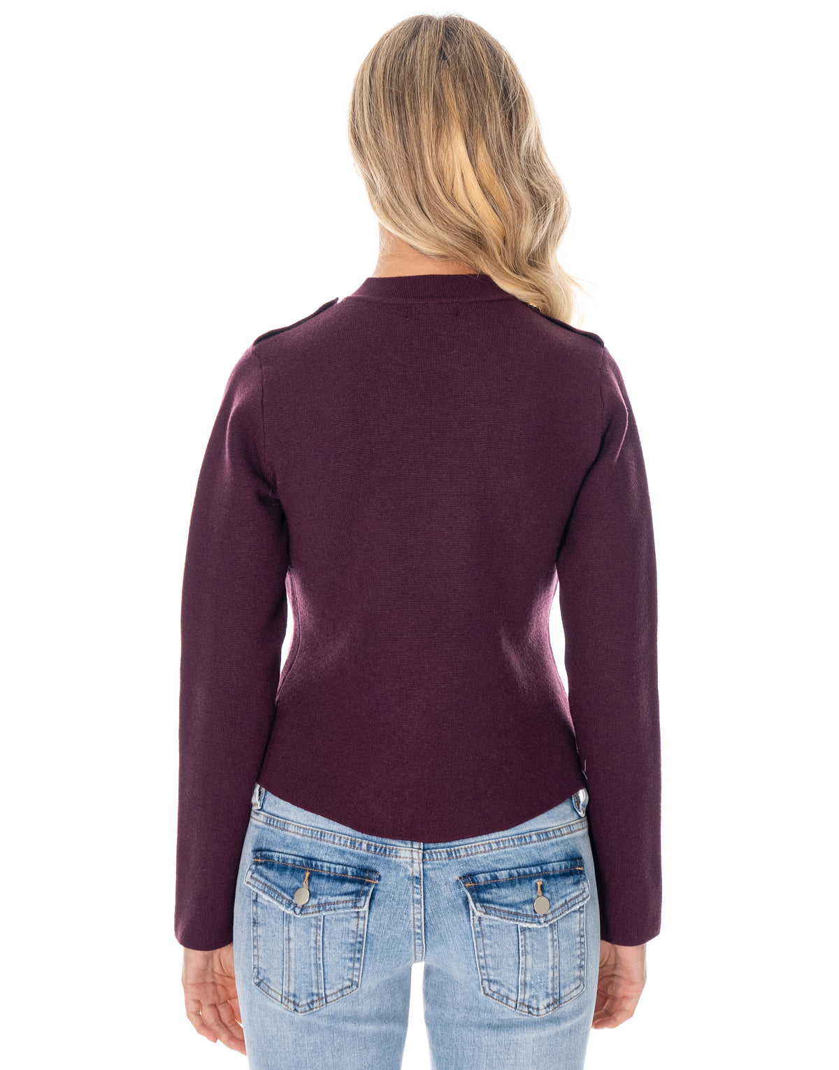 Military Button Asymmetric Long Sleeve Knit Top - Burgundy