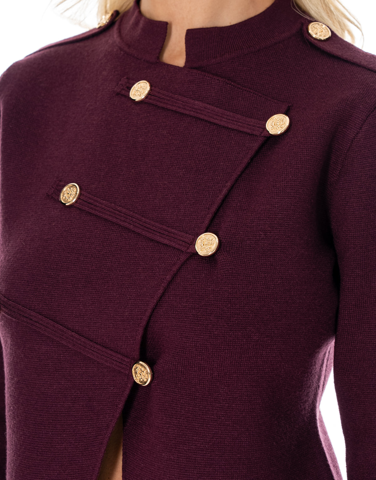 Military Button Asymmetric Long Sleeve Knit Top - Burgundy